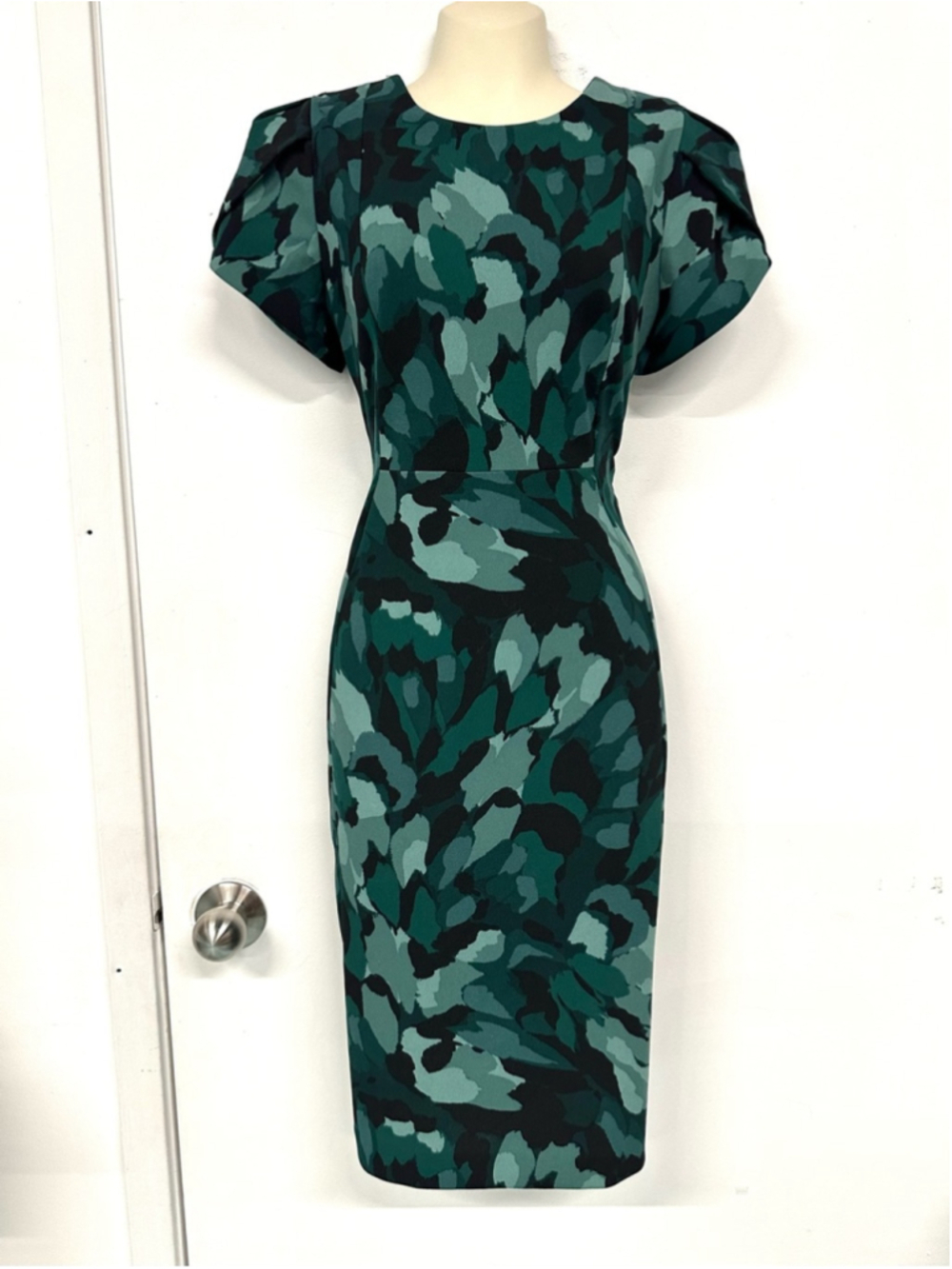 Calvin Klein Green Abstract Dress Size 6 Midi Sheath Puff Sleeve Workwear